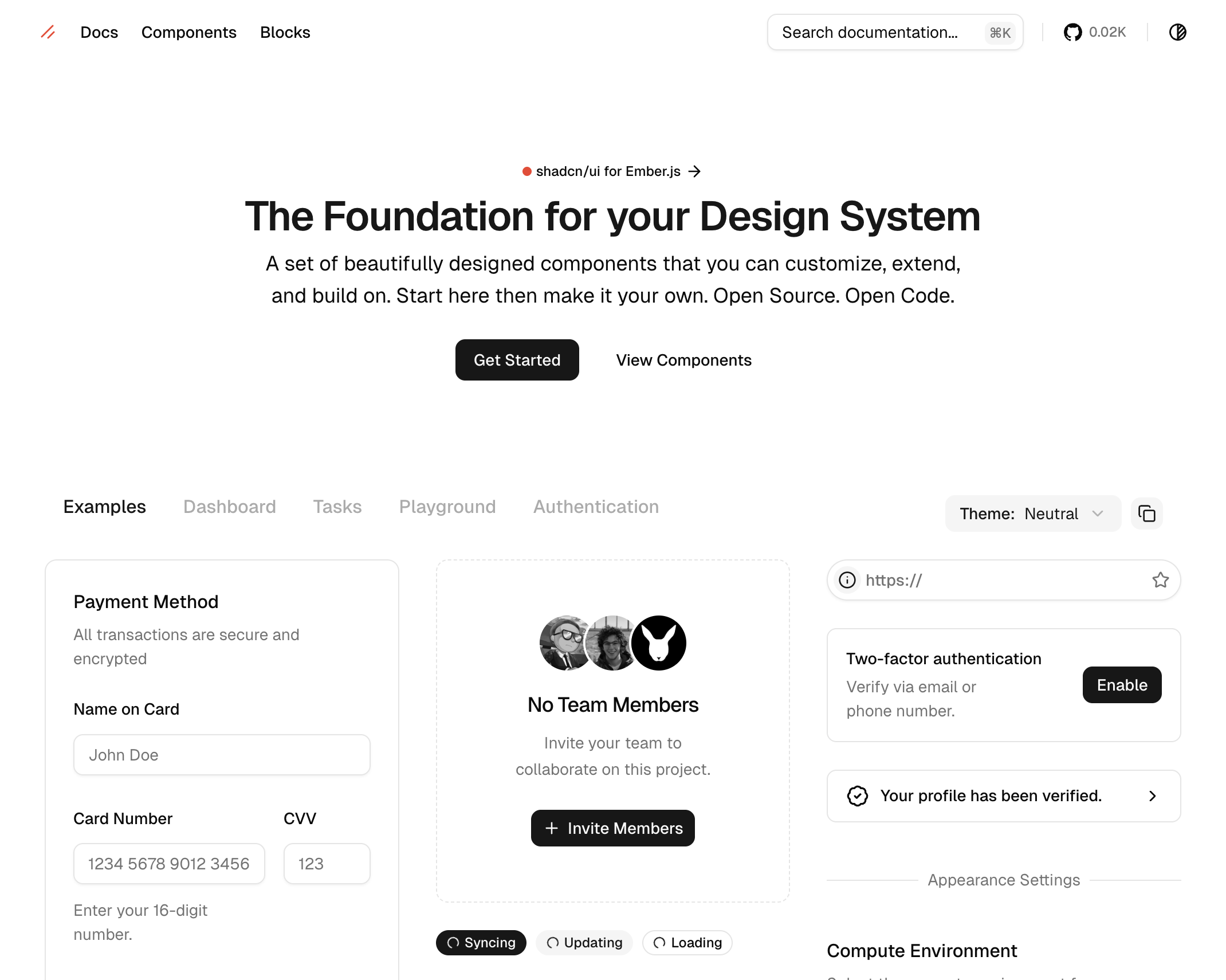 screenshot of shadcn-ember